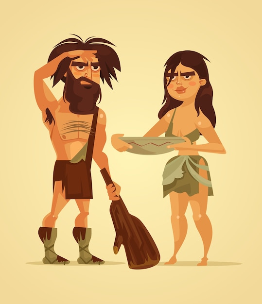 Vetor ilustração de desenho animado de casal de neandertais felizes