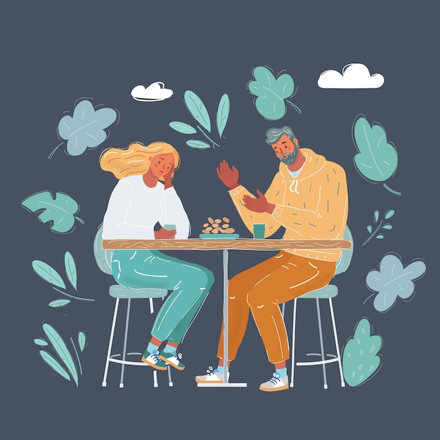 Vetor ilustração de desenho animado de casal dividido pessoas em divórcio casal a fim de se separar homem e mulher tristes em um café sentados à mesa em fundo escuro