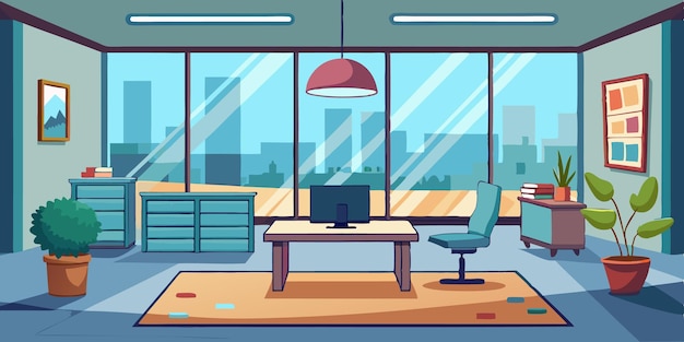 Ilustração de desenho animado de escritório vazio com janela interior moderno com móveis