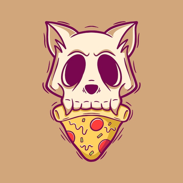 Ilustração de desenho animado de gato e pizza de caveira