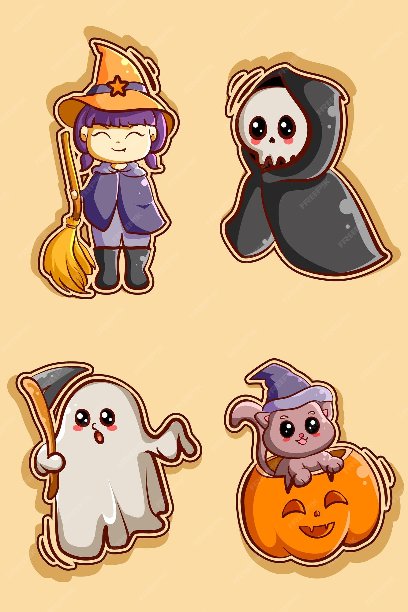 Ilustração de desenho animado de halloween com adesivos fofos