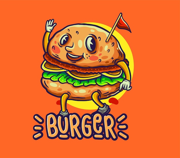 Ilustração de desenho animado de hambúrguer bonito para mascote de logotipo e personagem cartoon fast food icon concept ilustração em vetor estilo simples moderno