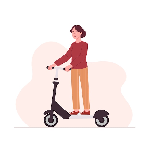 Ilustração de desenho animado de mulher jovem, scooter plana