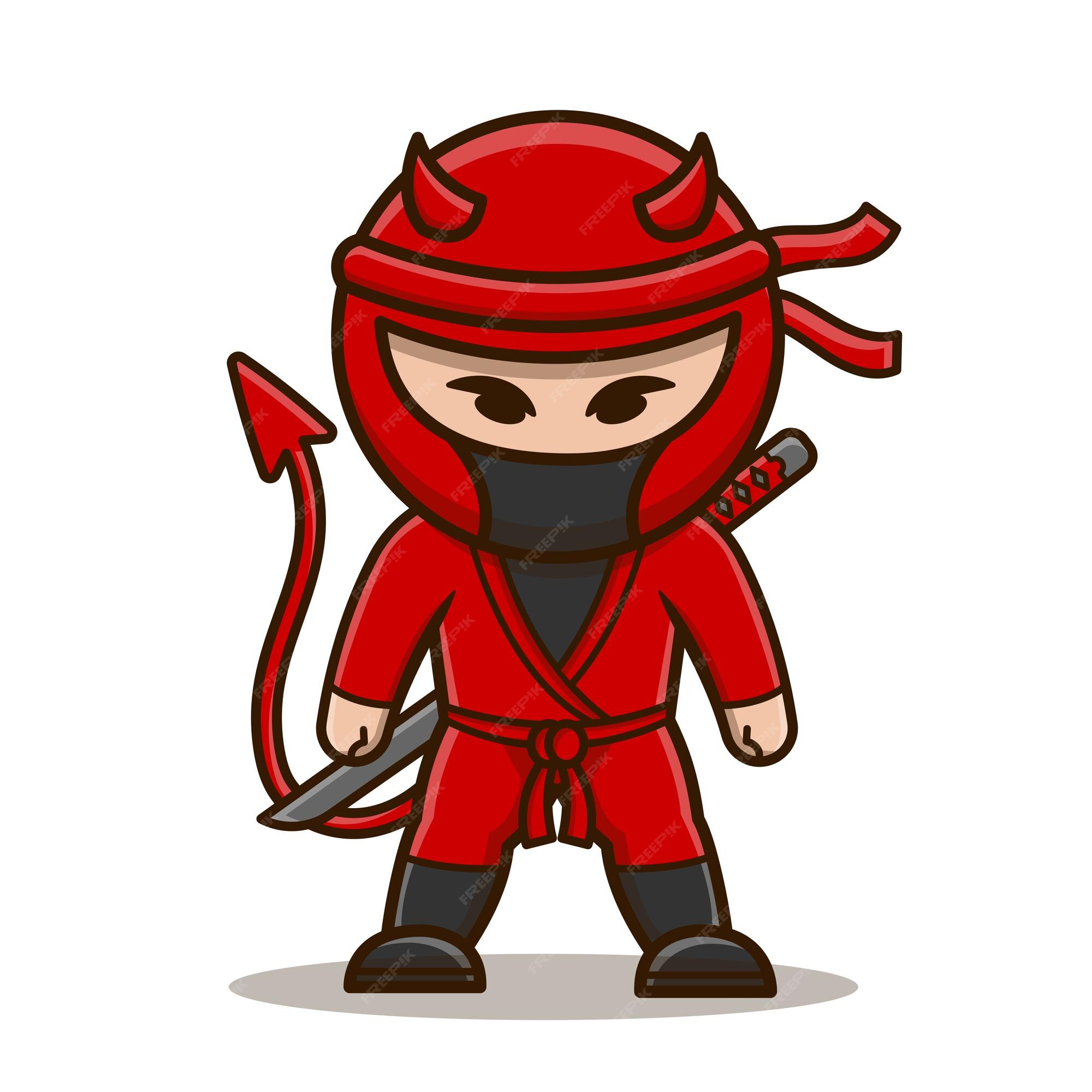 Ilustração de desenho animado de ninja em traje de diabo vermelho