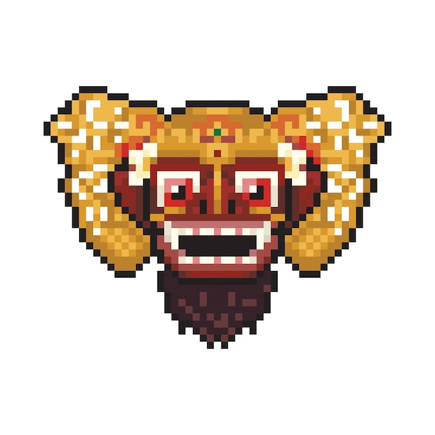 Ilustração de desenho animado de pixel art de máscara de cabeça de barong balinesa