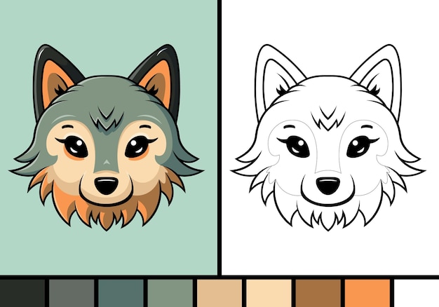 Ilustração de desenho animado de rosto de lobo fofo em estilo de página para colorir bebê animal selvagem