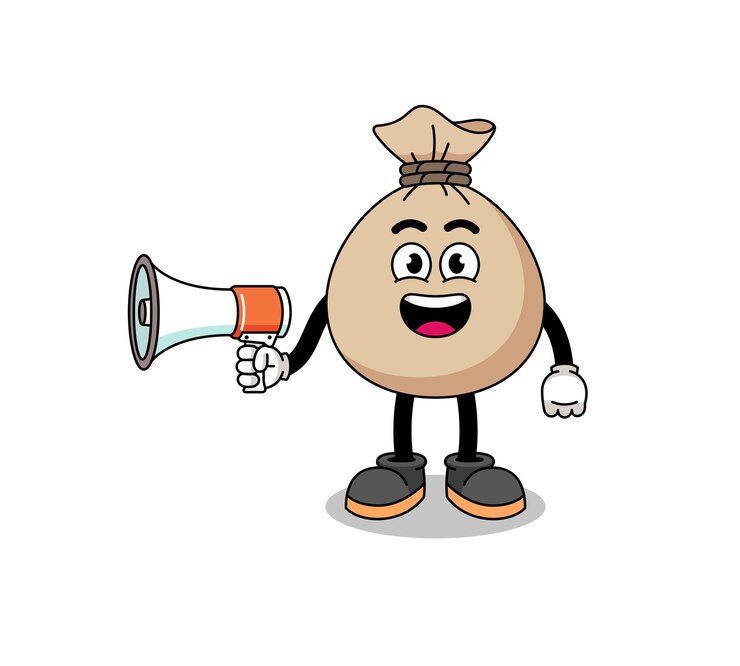 Vetor ilustração de desenho animado de saco de dinheiro segurando o design de personagens de megafone