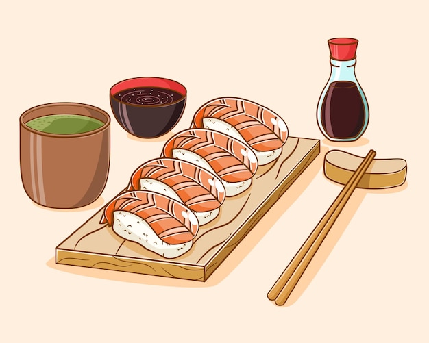 Ilustração de desenho animado de sushi desenhada de mão