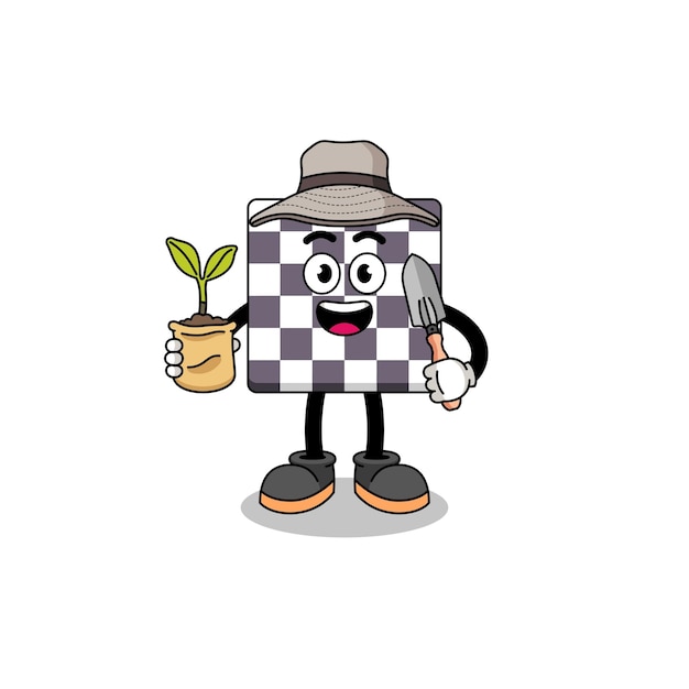 Ilustração de desenho animado de tabuleiro de xadrez segurando um design de personagem de semente de planta