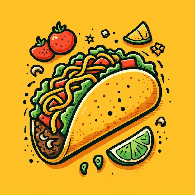 Vetor ilustração de desenho animado de taco desenhada à mão com fundo amarelo