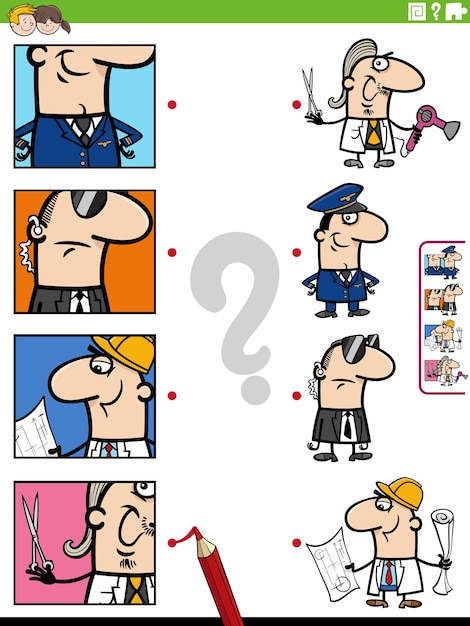 Ilustração de desenho animado de tarefa educacional de correspondência com personagens de pessoas e suas ocupações com recortes de fotos
