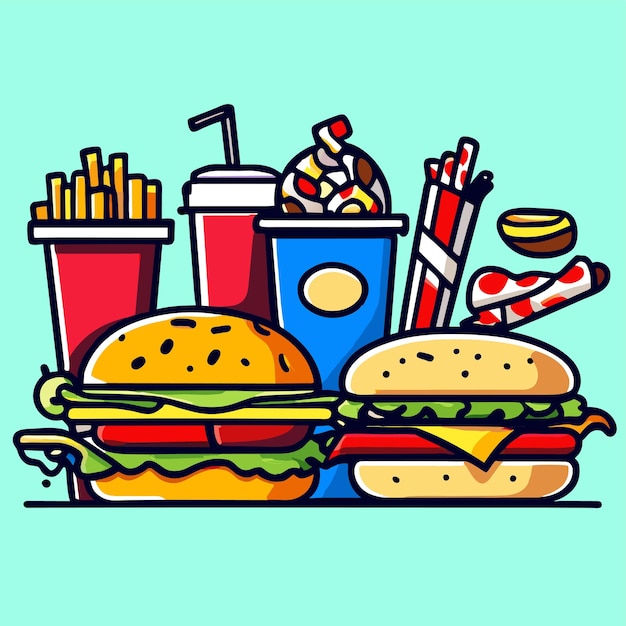 Ilustração de desenho animado de um conjunto tradicional de refeições de fast food