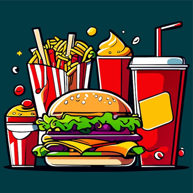 Vetor ilustração de desenho animado de um conjunto tradicional de refeições de fast food