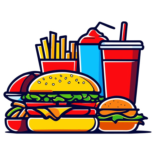Ilustração de desenho animado de um conjunto tradicional de refeições de fast food