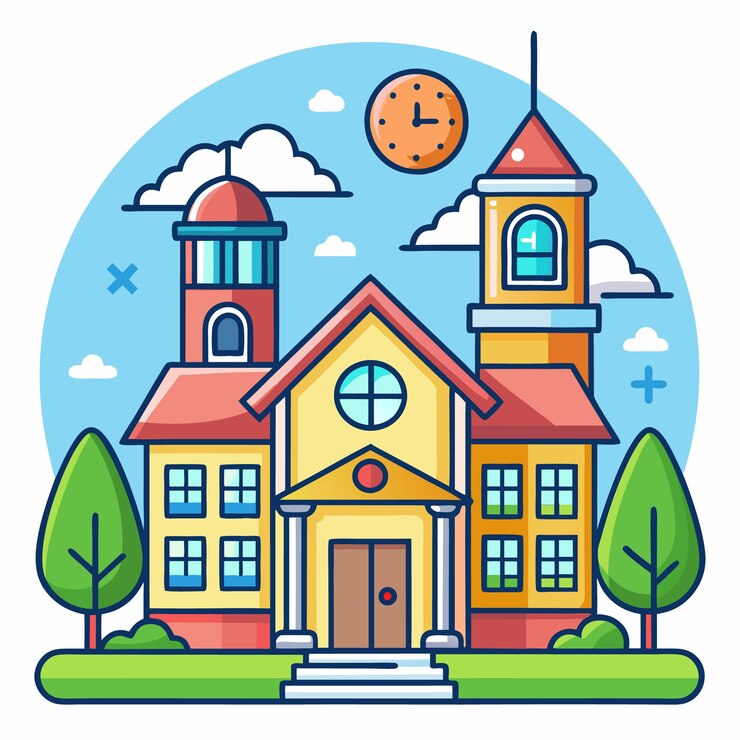 Vetor ilustração de desenho animado de um edifício escolar com um relógio e árvores