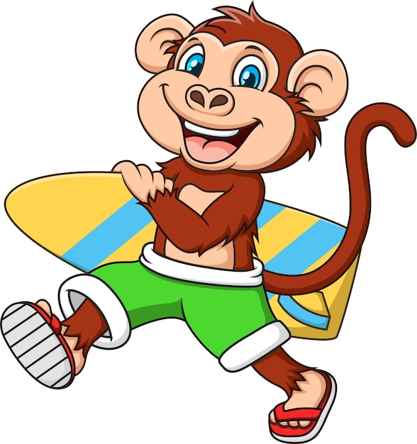 ilustração de desenho animado de um macaco andando enquanto segura uma prancha de surf