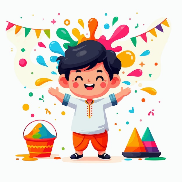 Ilustração de desenho animado de um menino indiano bonito felizmente celebrando o colorido festival de holi