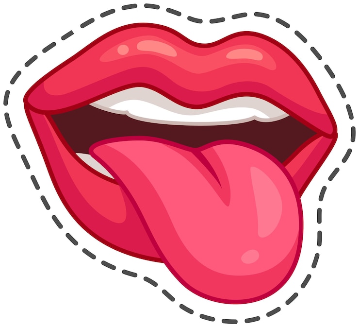 Vetor ilustração de desenho animado de uma boca com lábios vermelhos, dentes brancos e língua rosa saindo com uma linha pontilhada preta ao redor