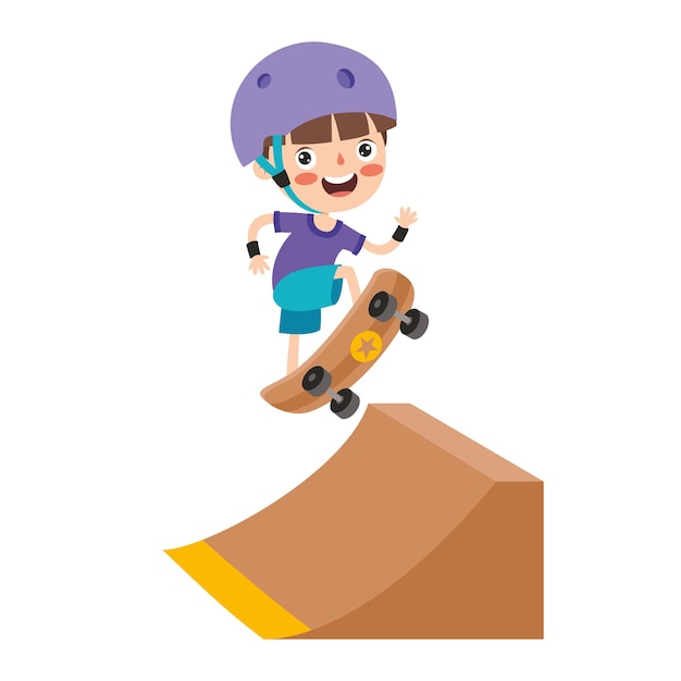 Ilustração de desenho animado de uma criança brincando de skate