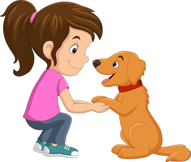 Ilustração de desenho animado de uma menina se divertindo com um cachorrinho