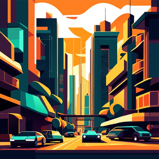 Vetor ilustração de desenho animado de uma paisagem urbana com grandes edifícios modernos e carros