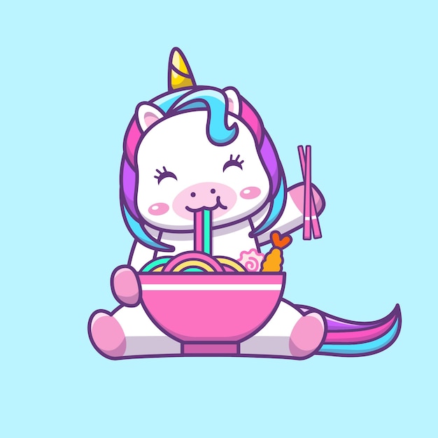 Ilustração de desenho animado de unicórnio kawaii fofo comendo macarrão com arco-íris