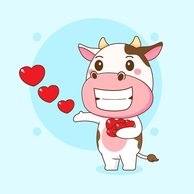 Ilustração de desenho animado de vaca fofa compartilhando amor