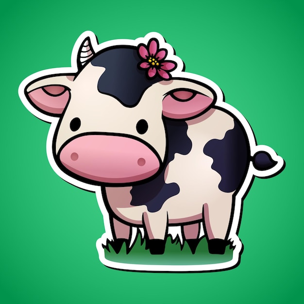 Ilustração de desenho animado de vaca fofa em animal de fazenda de design de adesivo
