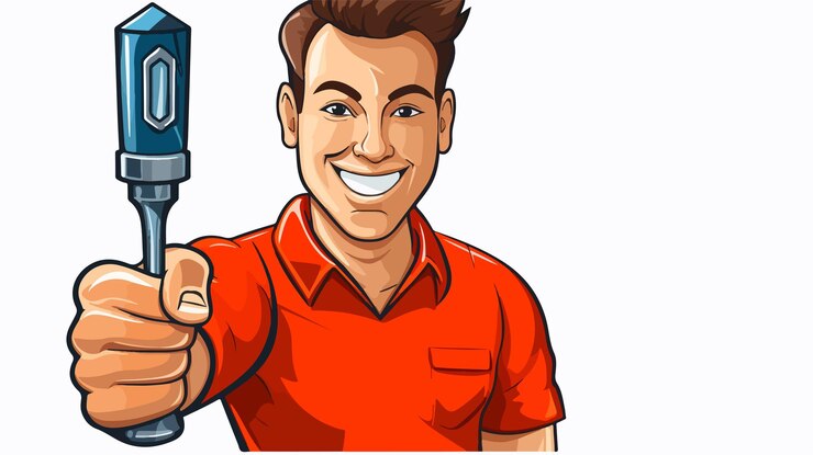 Vetor ilustração de desenho animado do homem da chave de fenda vermelha sorridente