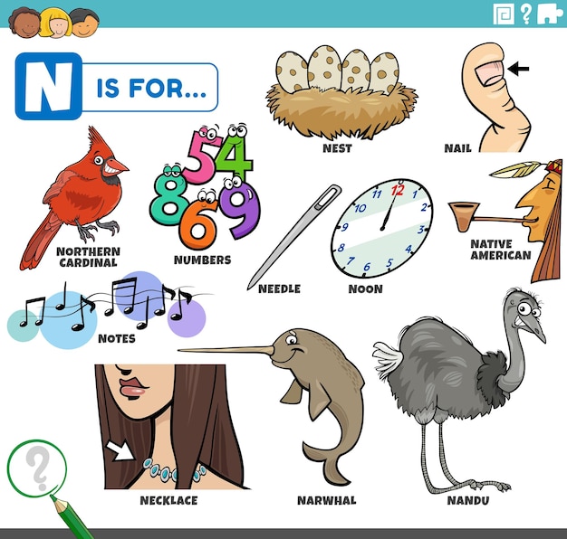 Ilustração de desenho animado educacional para crianças com personagens de quadrinhos e objetos definidos para a letra n
