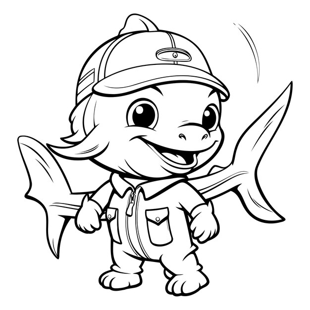 Ilustração de desenho animado em preto e branco da mascote do personagem cute little fisherman
