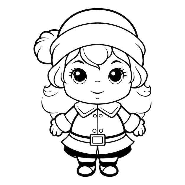 Vetor ilustração de desenho animado em preto e branco da personagem cute little christmas girl