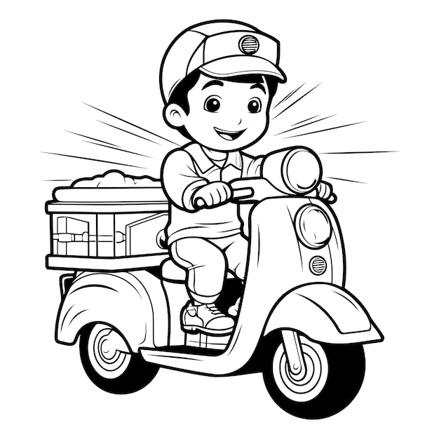 Vetor ilustração de desenho animado em preto e branco de um entregador montando uma scooter ou motocicleta para livro de colorir