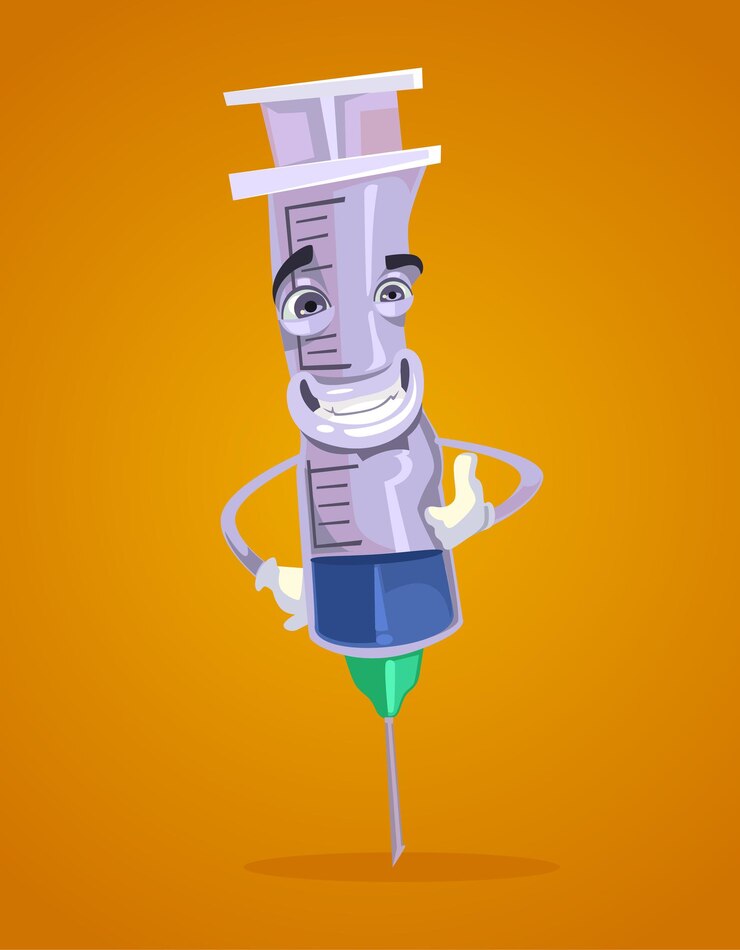 Vetor ilustração de desenho animado feliz sorridente mascote de seringa personagem