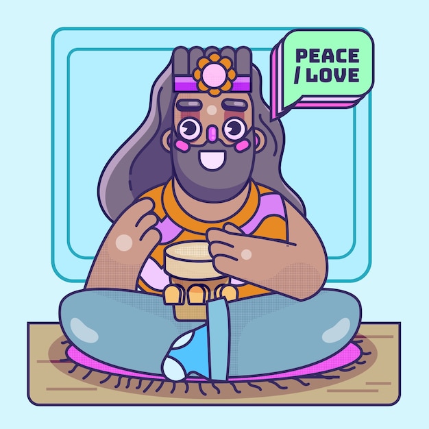 Ilustração de desenho animado hippie desenhada à mão