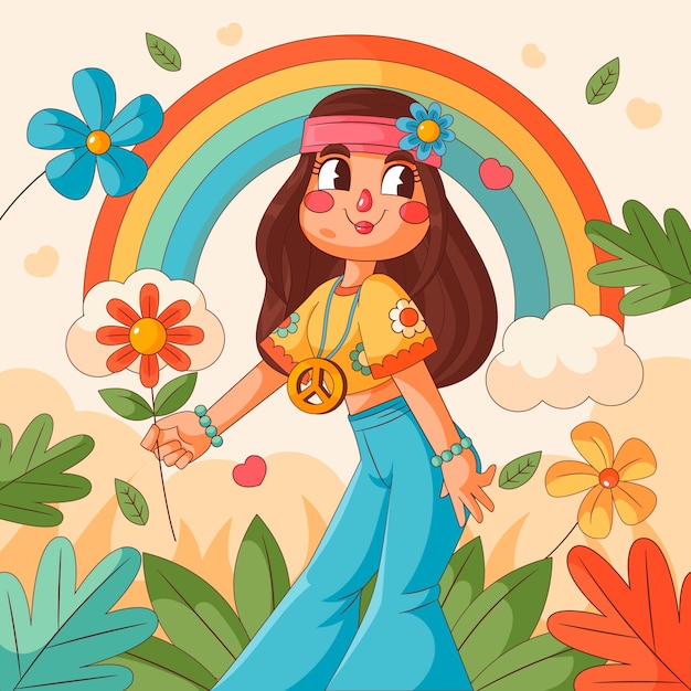 Ilustração de desenho animado hippie desenhada à mão