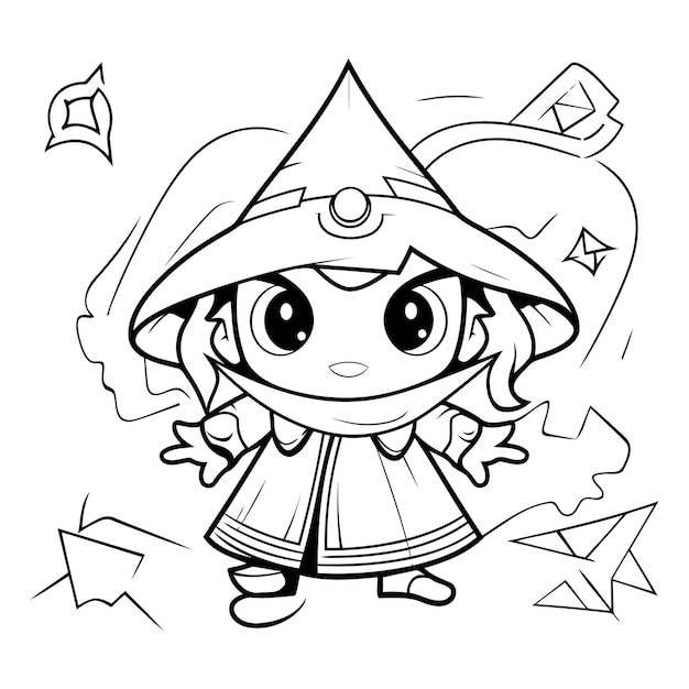 Vetor ilustração de desenho animado preto e branco de little pirate girl fantasy character para livro de colorir