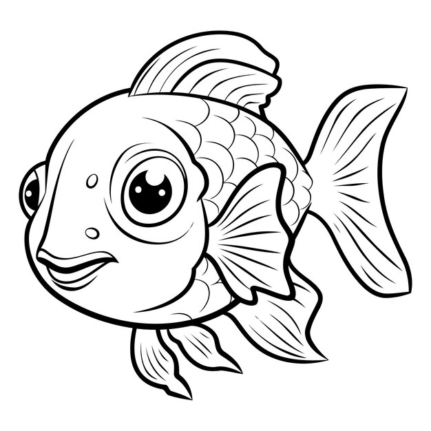 Vetor ilustração de desenho animado preto e branco de personagem animal de peixe bonito para livro de colorir