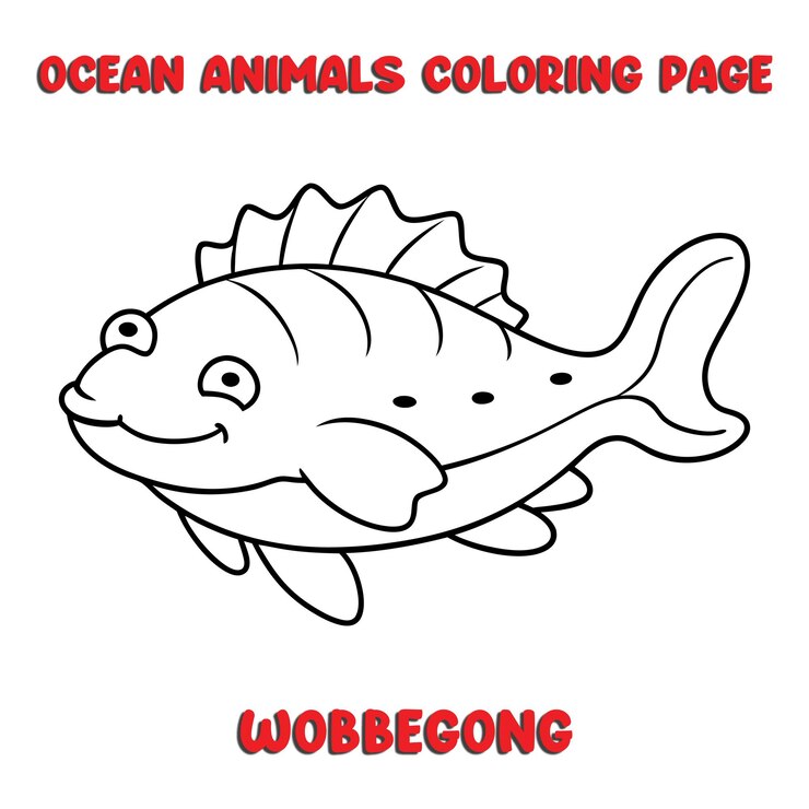 Vetor ilustração de desenho animado preto e branco de personagem animal wobbegong bonito para livro de colorir