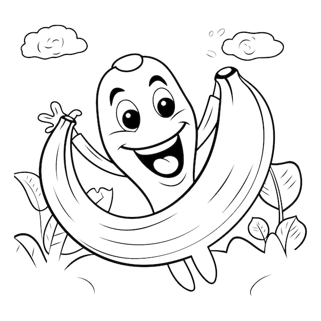 Vetor ilustração de desenho animado preto e branco de personagem de banana engraçado para livro de colorir