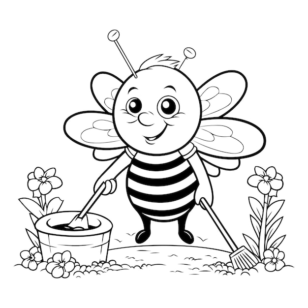 Vetor ilustração de desenho animado preto e branco do personagem cute bee para livro de colorir