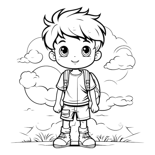 Vetor ilustração de desenho animado preto e branco do personagem cute little boy traveler para livro de colorir