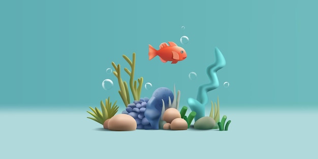 Ilustração de desenho animado vetorial 3d de recifes de corais e peixes com algas marinhas e bolhas sob a composição da água