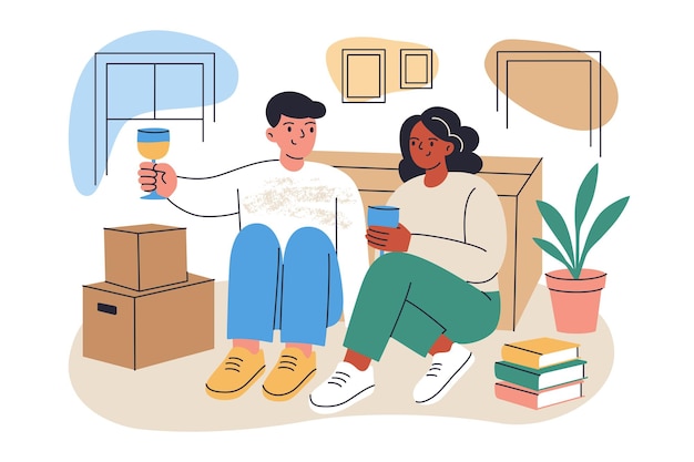 Ilustração de desenho animado vetorial de um casal comemorando a mudança para uma nova casa, um homem e uma mulher sentados