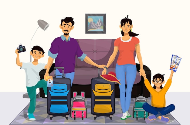 Vetor ilustração de desenho animado vetorial de uma família feliz que vai viajar, pai, mãe e seus filhos, filho e filha, situação com personagens