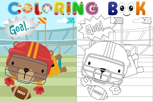 Ilustração de desenho animado vetorial pequeno urso jogando rugby no estádio de rugby livro de coloração ou página