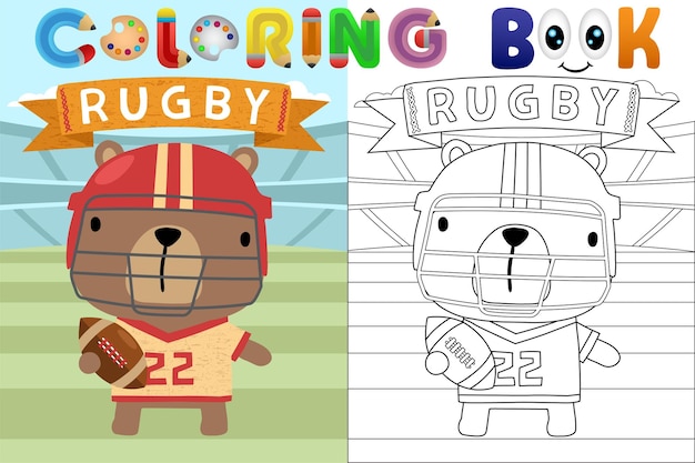 Vetor ilustração de desenho animado vetorial urso fofo em uniforme de rugby com bola no estádio livro de coloração ou página