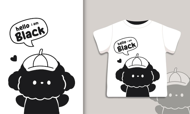 Ilustração de desenho de camiseta de cachorro preto e branco fofo