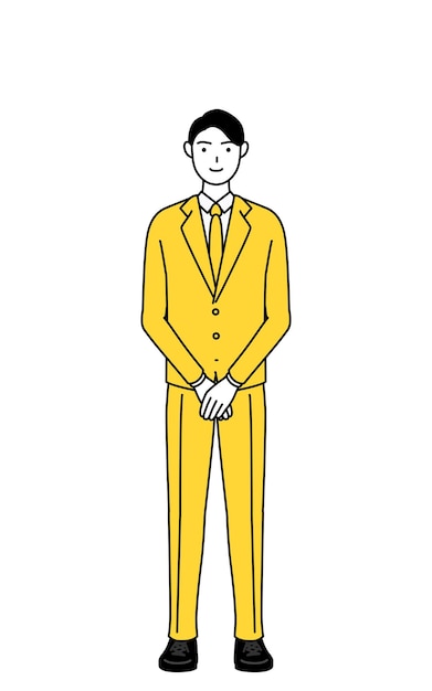 Ilustração de desenho de linha simples de um empresário de terno com as mãos dobradas na frente de seu corpo