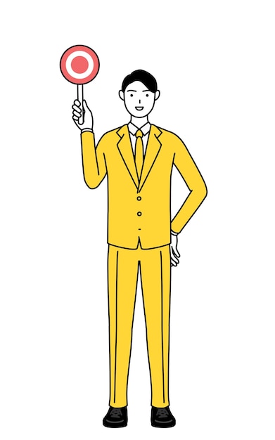 Ilustração de desenho de linha simples de um empresário de terno segurando uma vara maleável que mostra a resposta correta